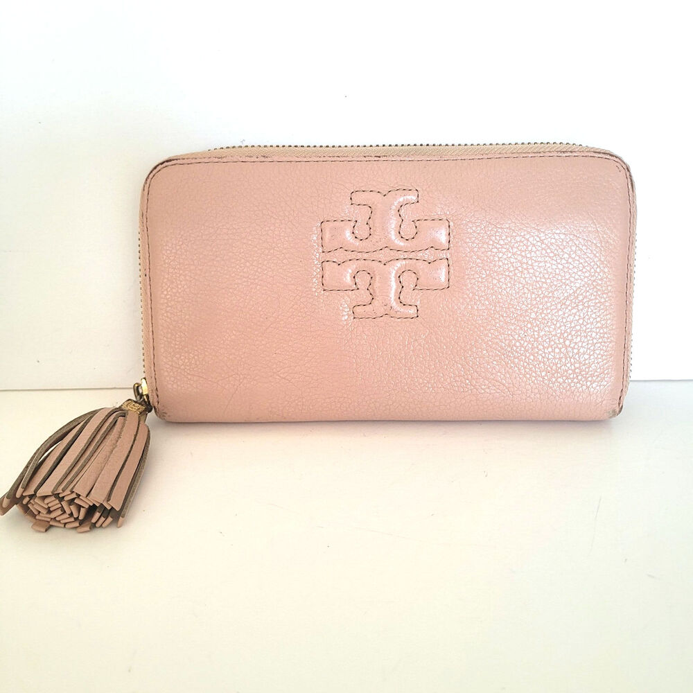 Tory Burch Thea Pink Cowhide Leather Zip Around Large Wallet Long Clutch Tassel